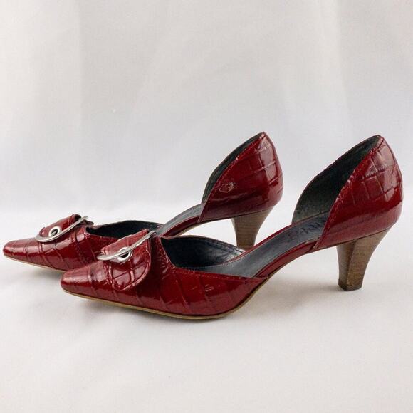 Franco Sarto Shiny Red Patent Leather Crocodile Pattern Buckle Heels Womens 7 - Picture 1 of 15